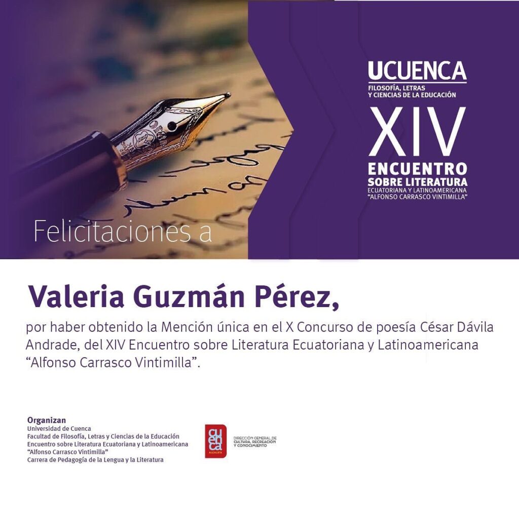 Doña Valeria Guzmán obtiene Mención única en el X Concurso de poesía Cesar  Dávila Andrade – Academia Ecuatoriana de la Lengua